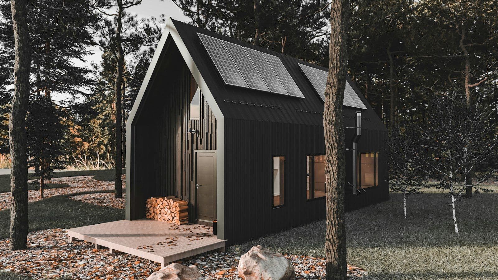 Schwarzes Tiny House mit Holzterrasse zwischen Bäumen im Wald