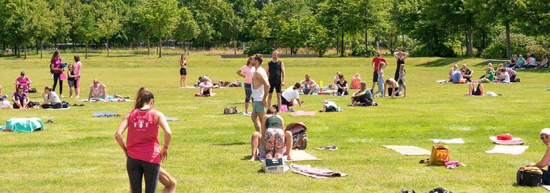 Menschen beim Yoga auf einer Wiese im Park
